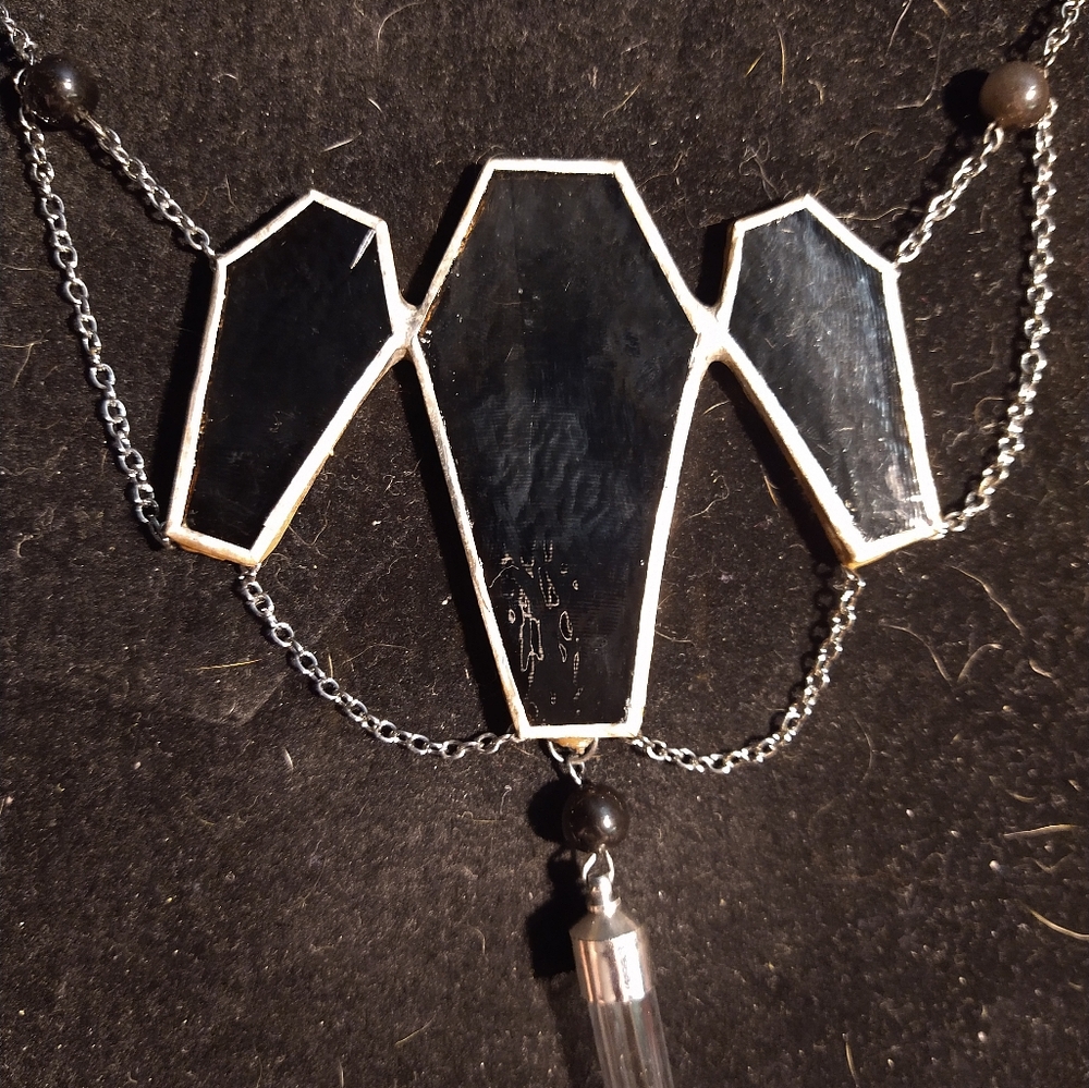 Triple coffin vial stained glass necklace